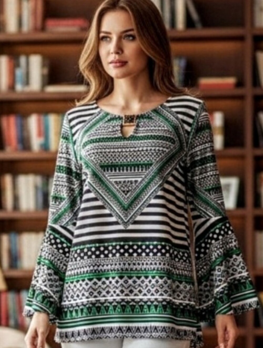 Melissa Paige Geometric Print Bell Sleeve Top - Size Medium
